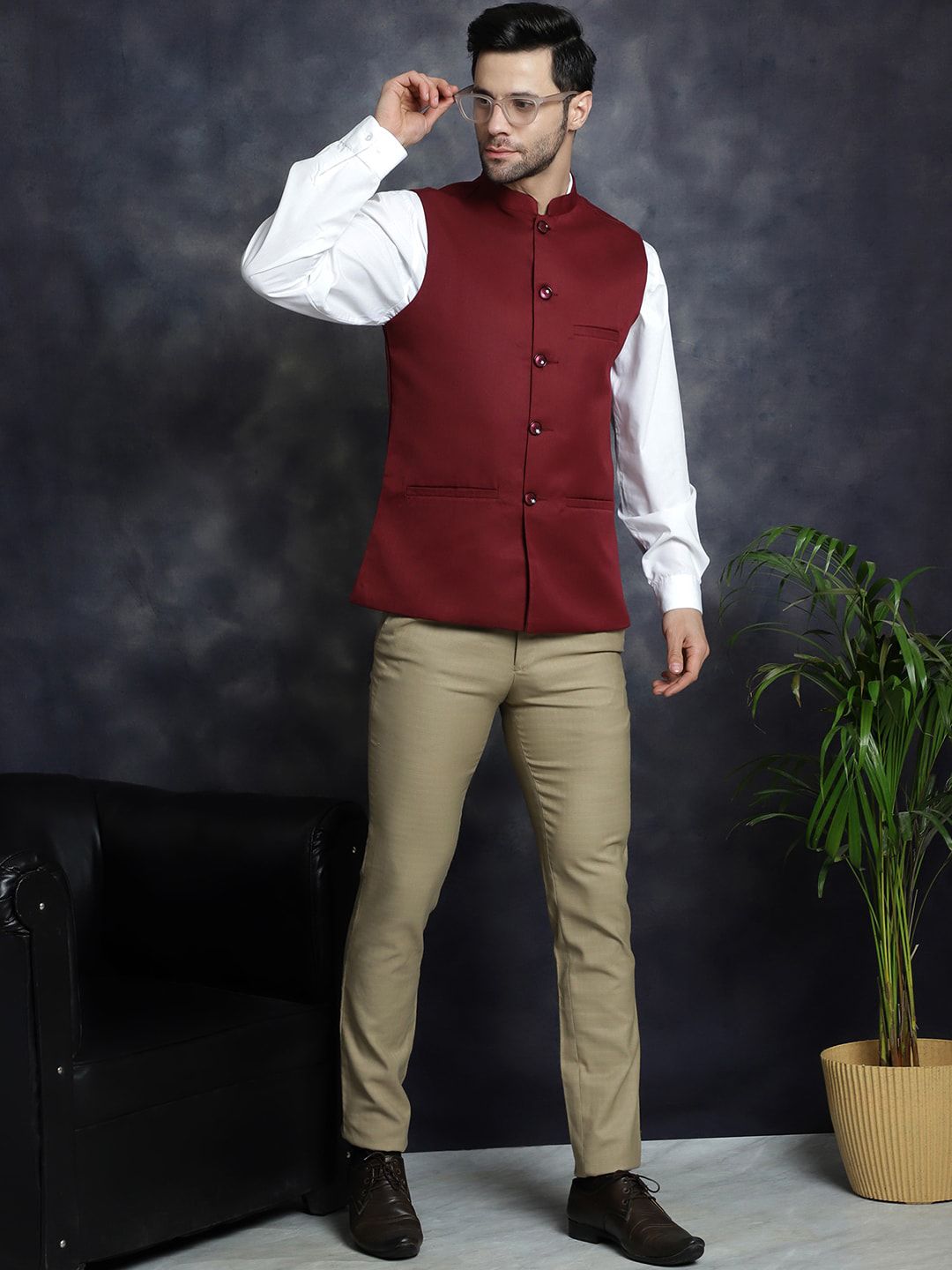 Anouk Maroon Mandarin Collar Woven Nehru Jacket