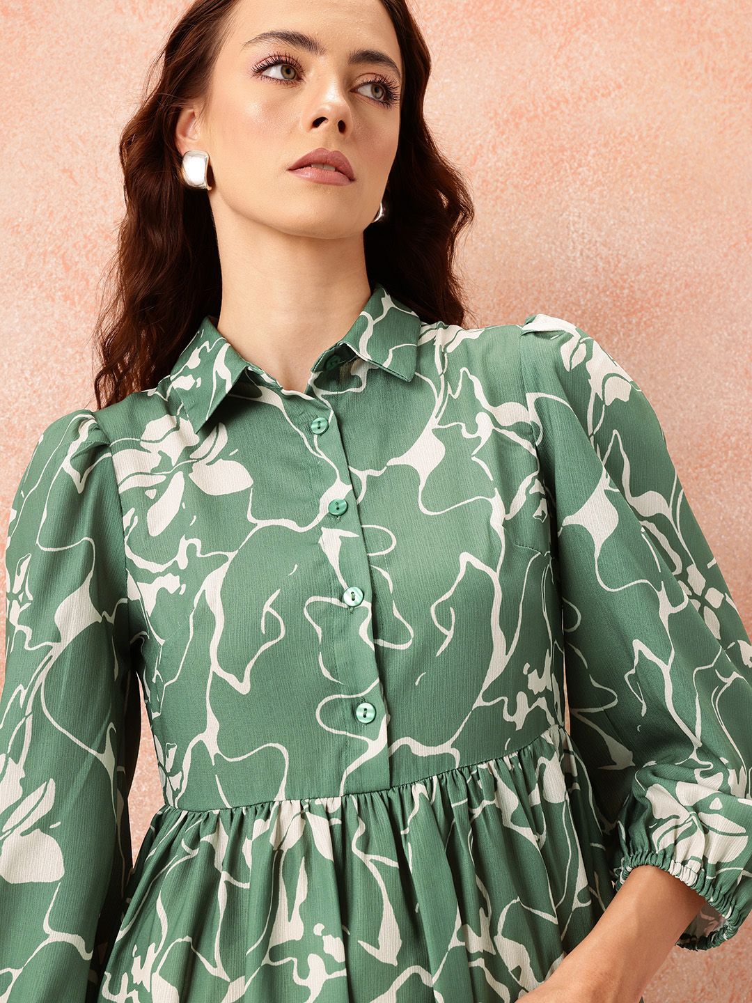 all about you Floral Print Puff Sleeve Shirt Style Formal Dress