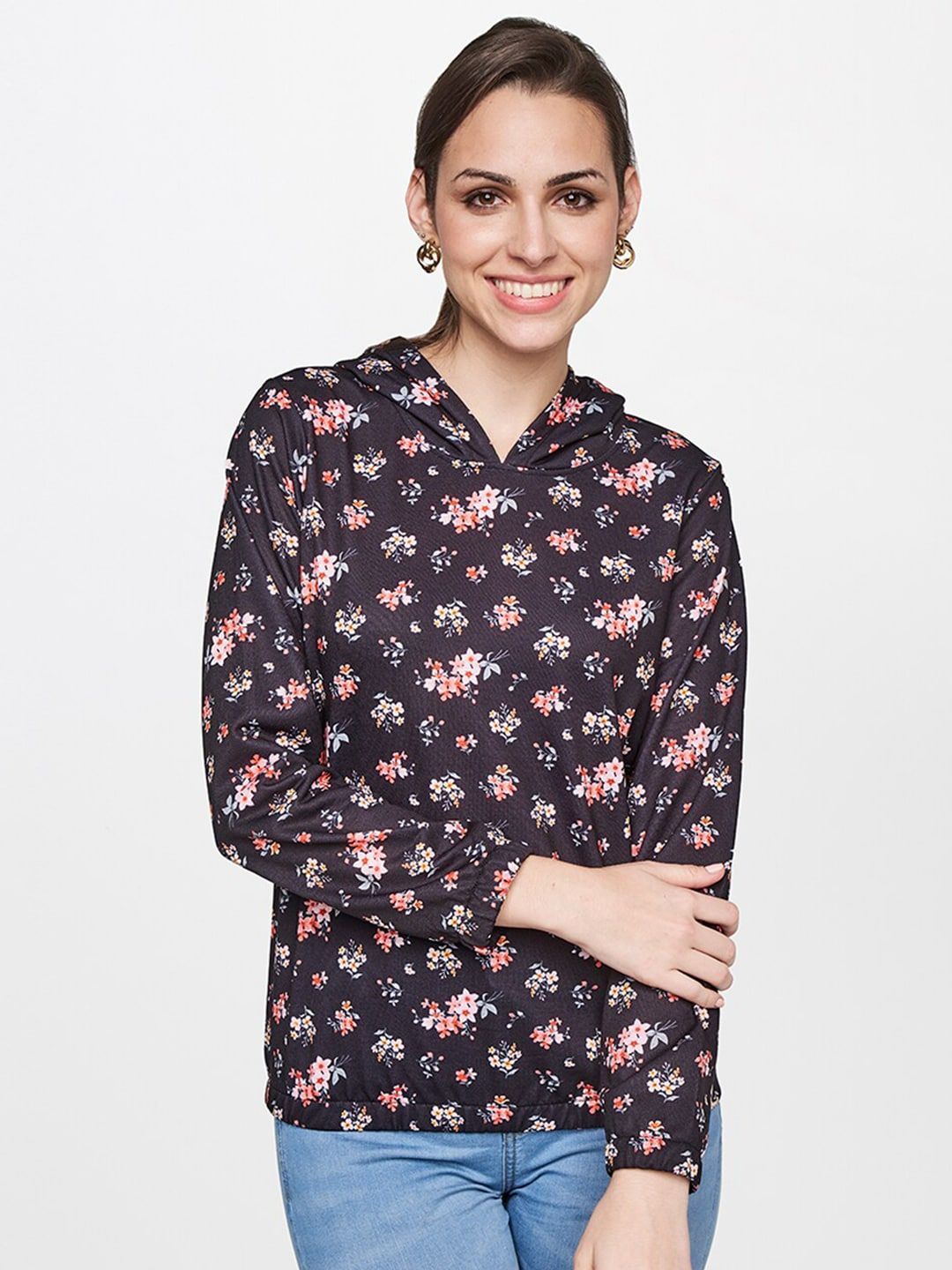 AND Women Black & Peach Floral Print T-Shirt