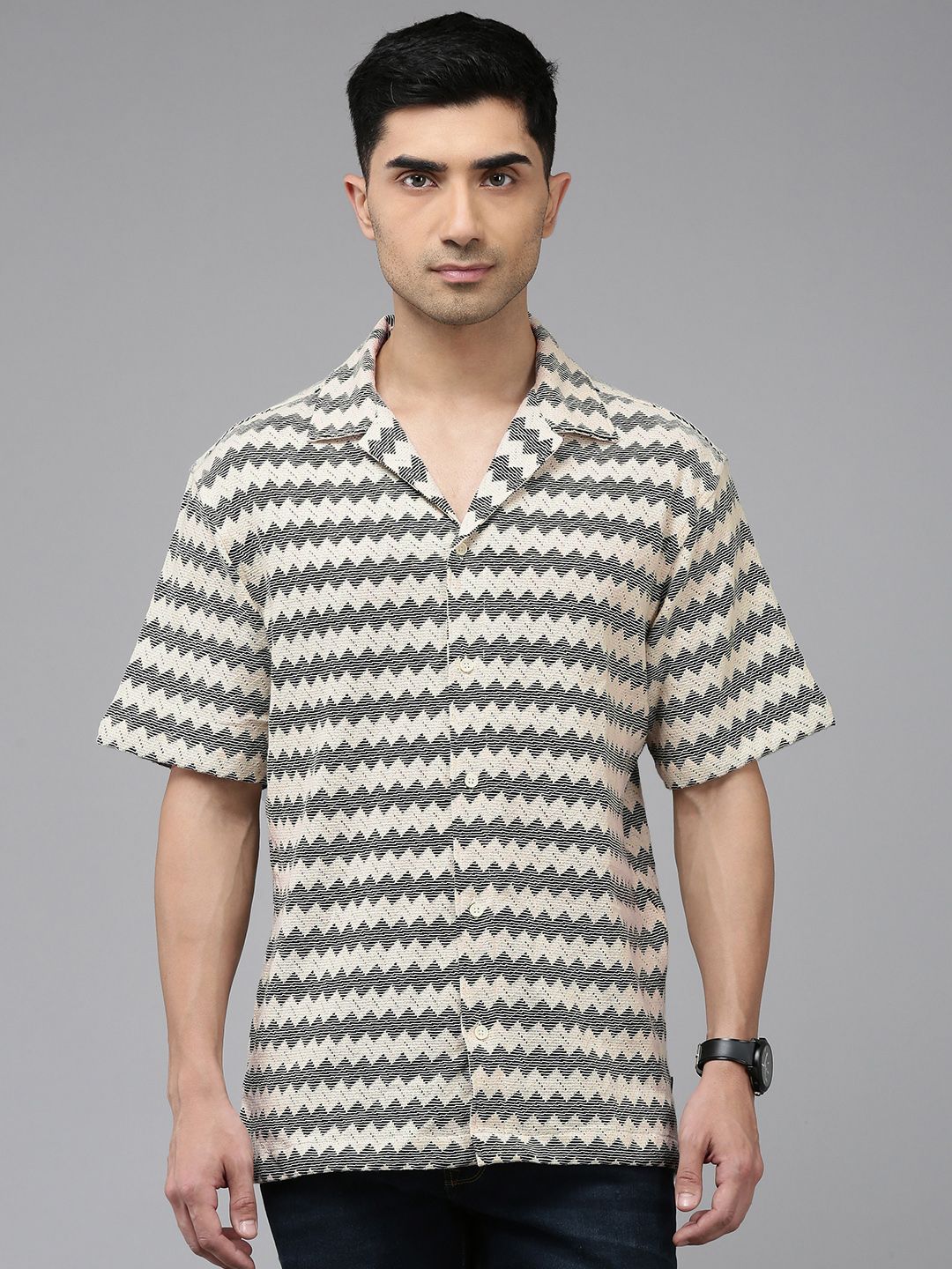 SPYKAR Self Design Textured Knitted Cuban Collar Relaxed Fit Casual  Shirt