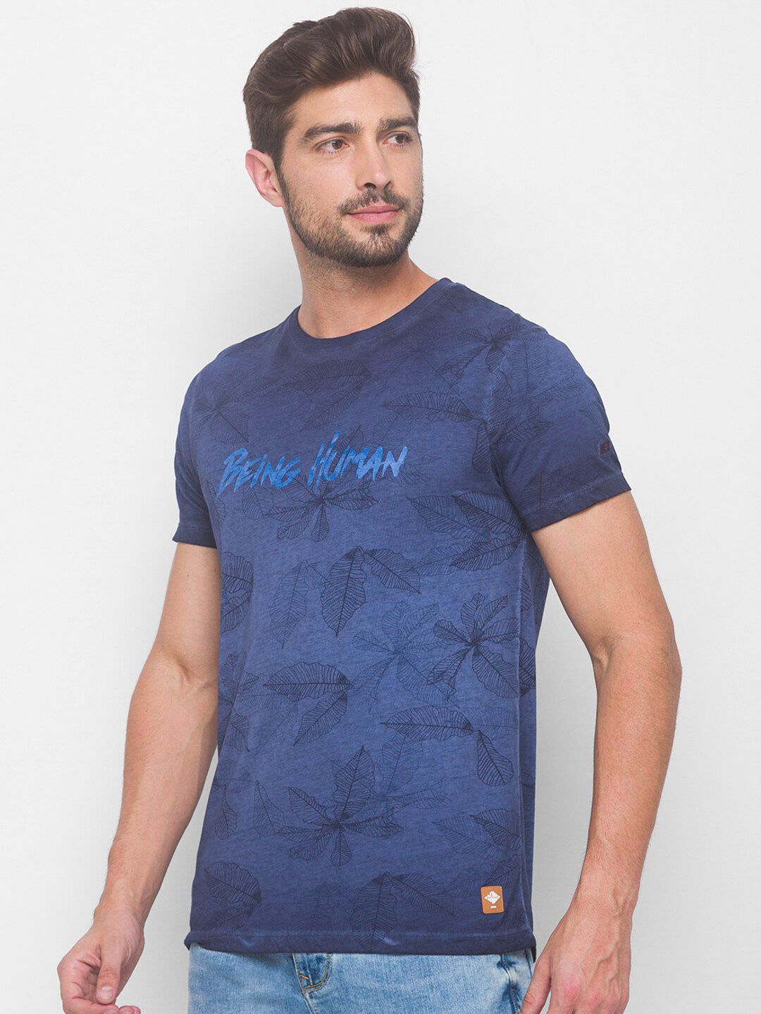 Being Human Men Navy Blue Typography Printed Pure Cotton T-shirt