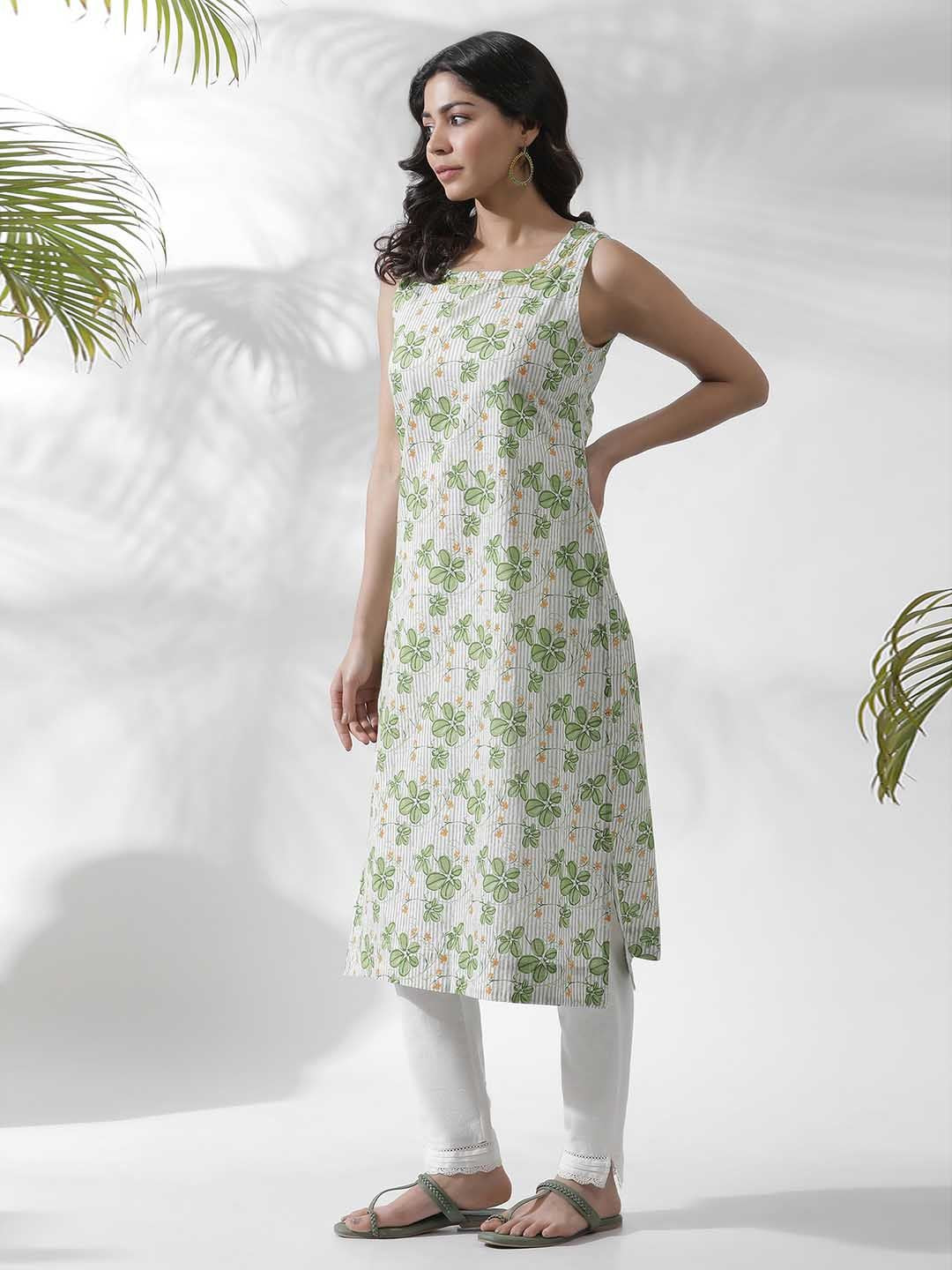 W Floral Printed Thread Work Pure Cotton Straight Kurta