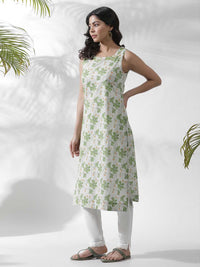 W Floral Printed Thread Work Pure Cotton Straight Kurta