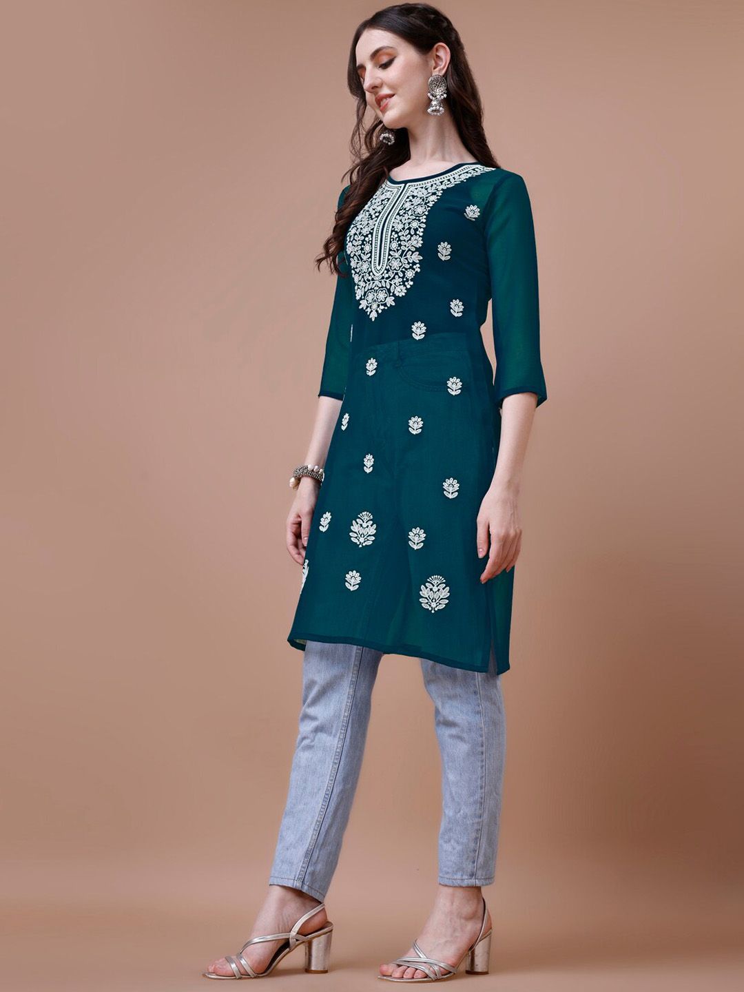 KALINI Floral Embroidered Chikankari Shadow Work Georgette Straight Kurta
