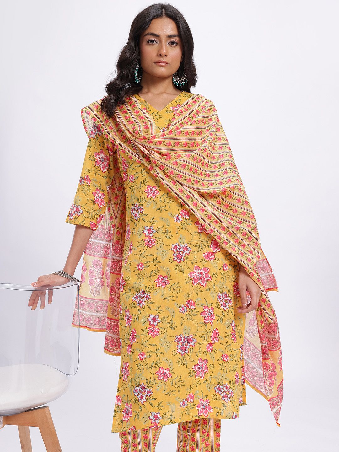 Anouk Women Indie Floral Pure Cotton Kurta with Trousers & Dupatta