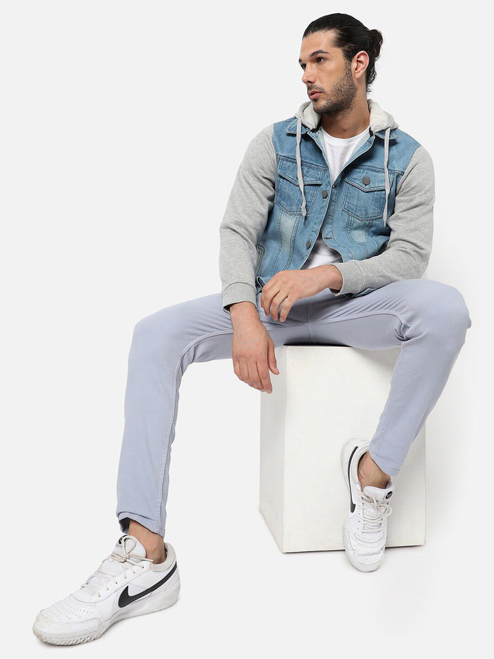 Campus Sutra Men Blue Grey Washed Colourblocked Windcheater Outdoor Denim Jacket
