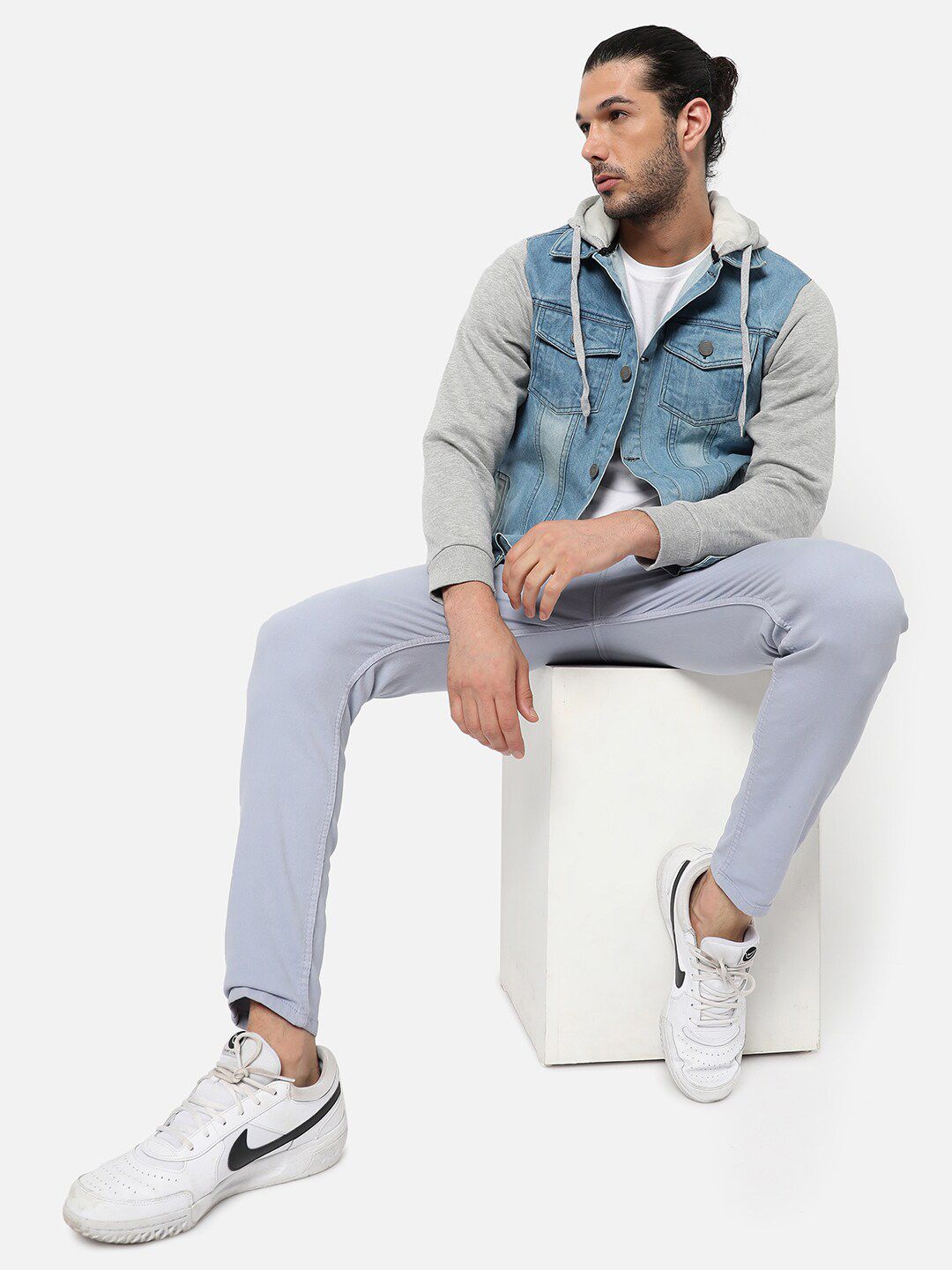 Campus Sutra Men Blue Grey Washed Colourblocked Windcheater Outdoor Denim Jacket