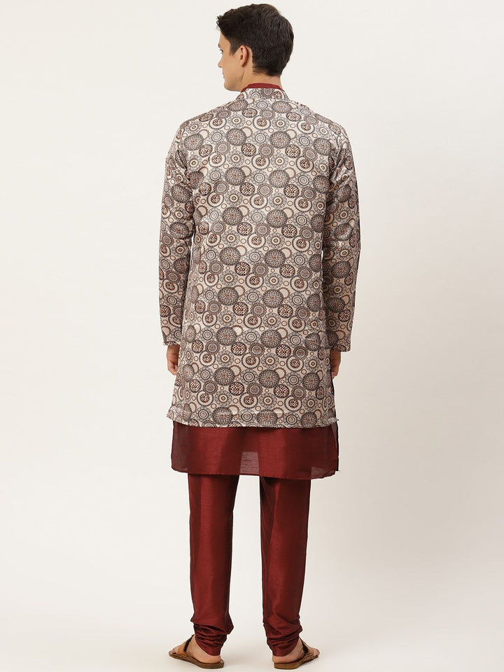 SOJANYA Men Maroon Solid Kurta with Churidar & Ethnic Jacket