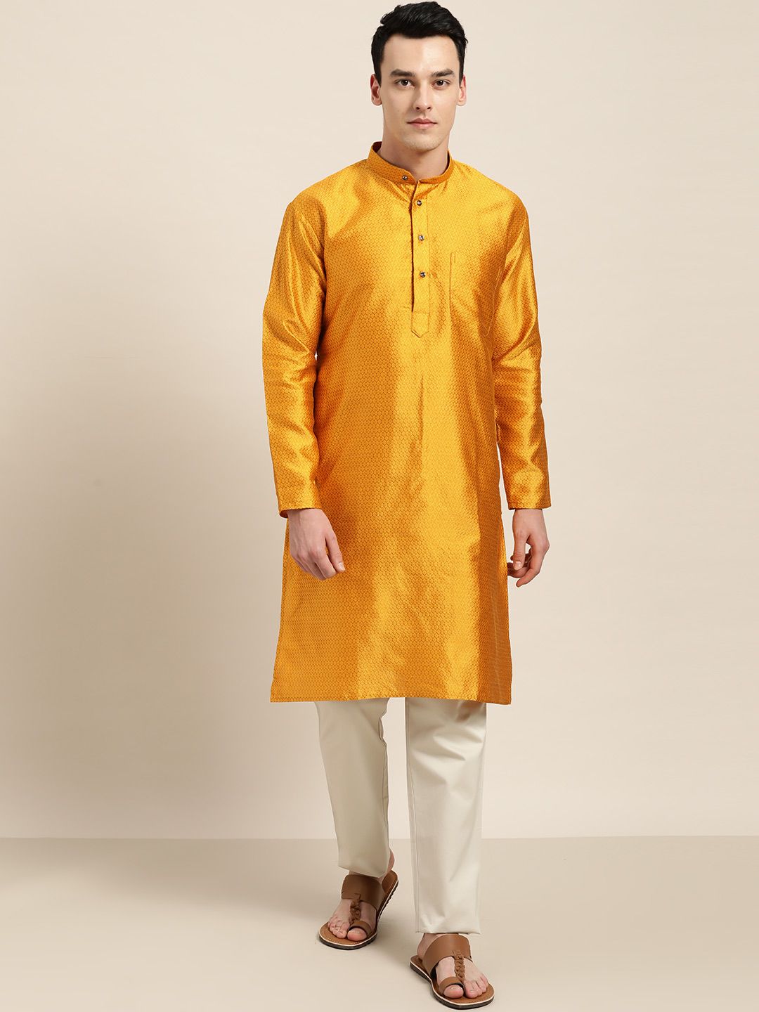 SOJANYA Men Mustard Yellow Woven Design Straight Kurta
