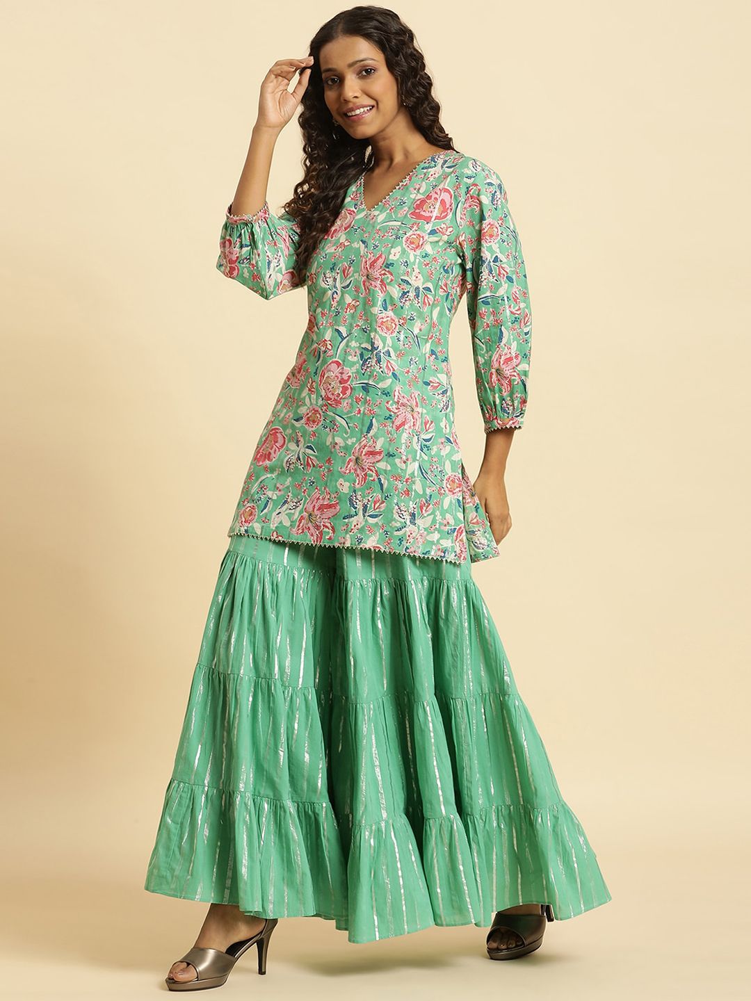 W Women Cotton Kurti with Sharara & Dupatta