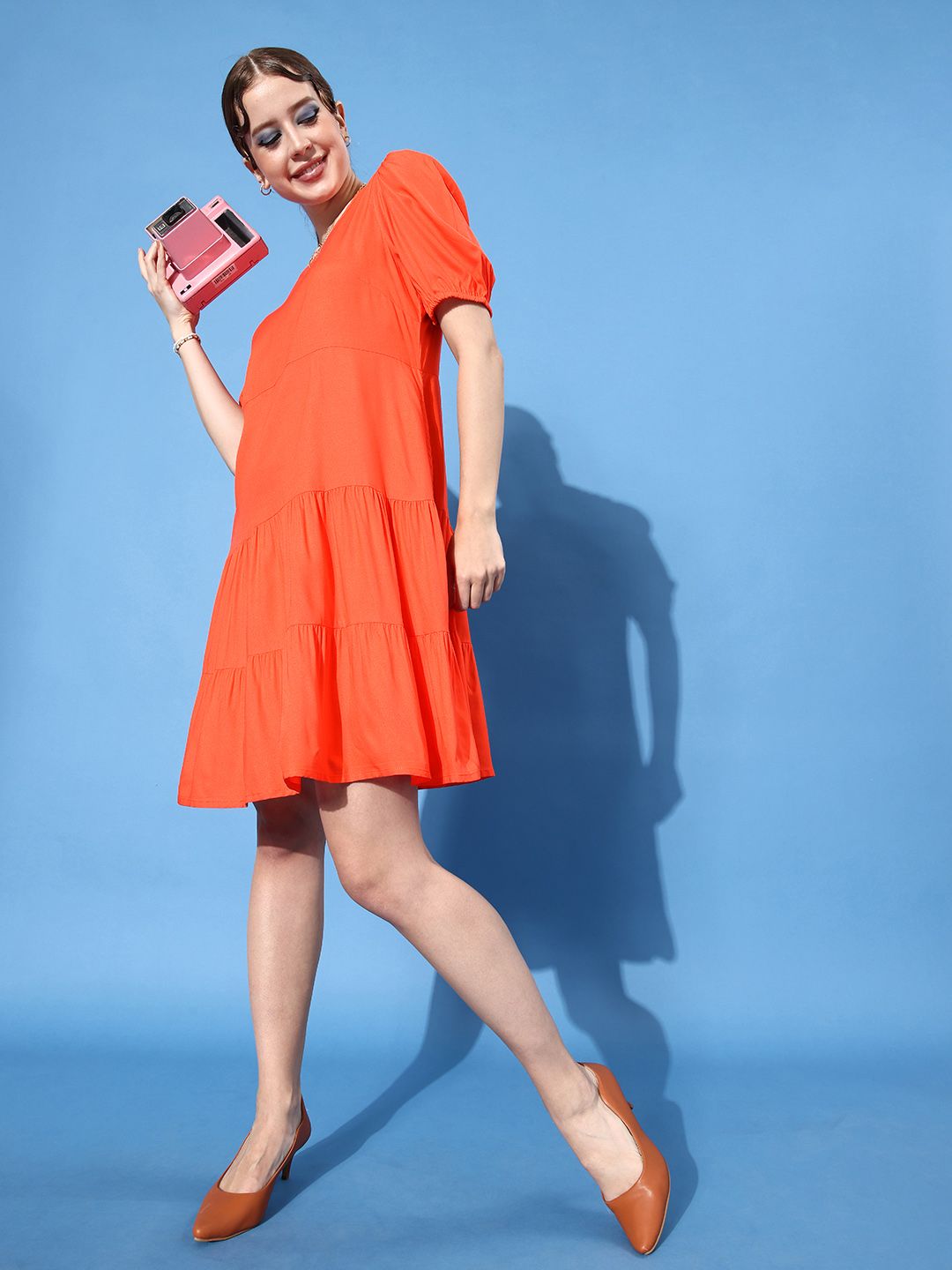 DressBerry Women Orange Solid A-Line Puff-Sleeve Tiered Dress