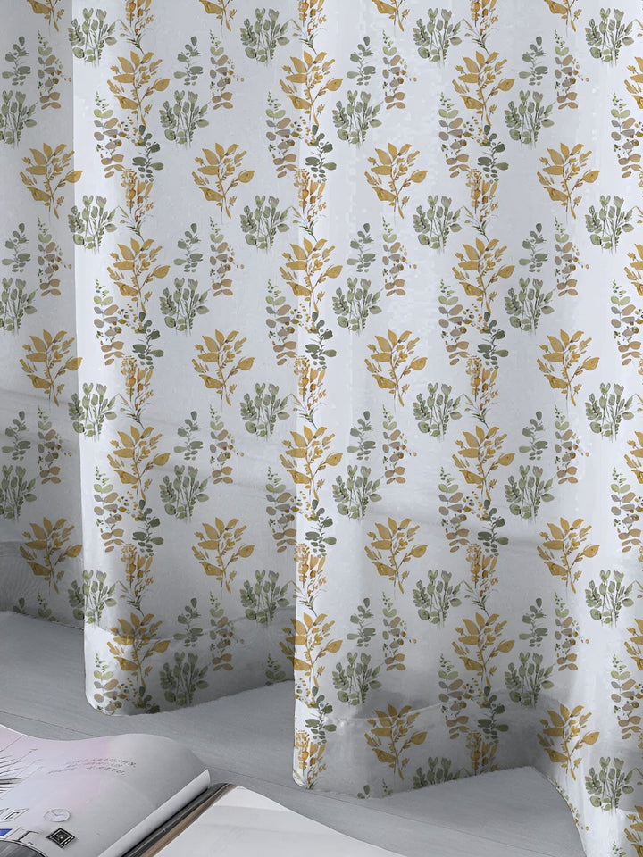 URBAN SPACE White & Green 2 Pieces Floral Printed Sheer Window Curtains