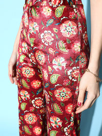 SASSAFRAS Women Lovely Maroon Floral Velvet Trousers