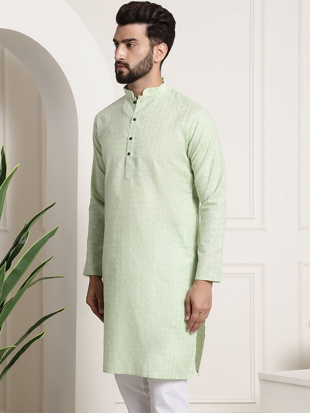 SOJANYA Men Green Dobby Checked Straight Kurta