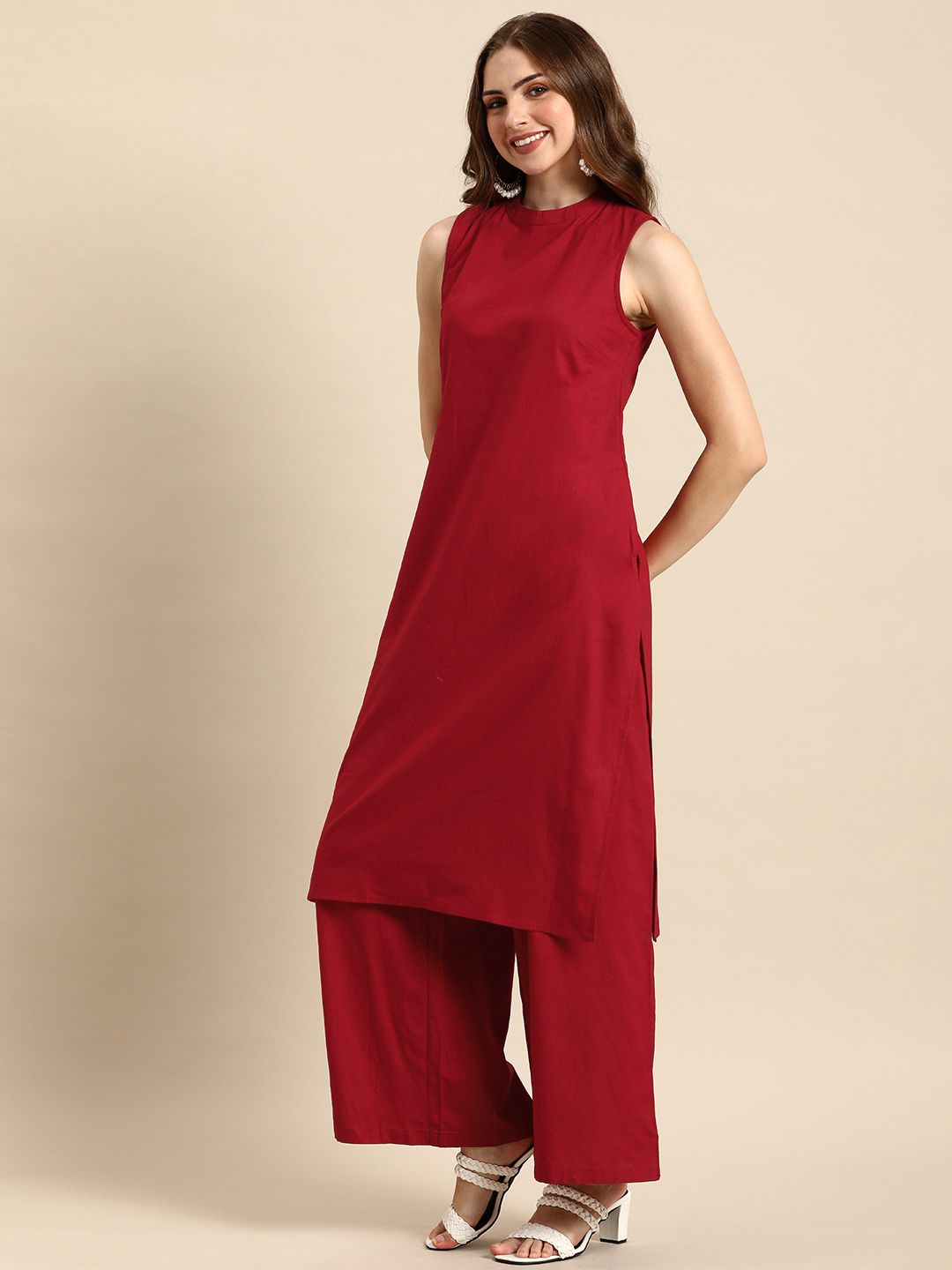 Anouk Women Solid Round Neck Pure Cotton Kurta
