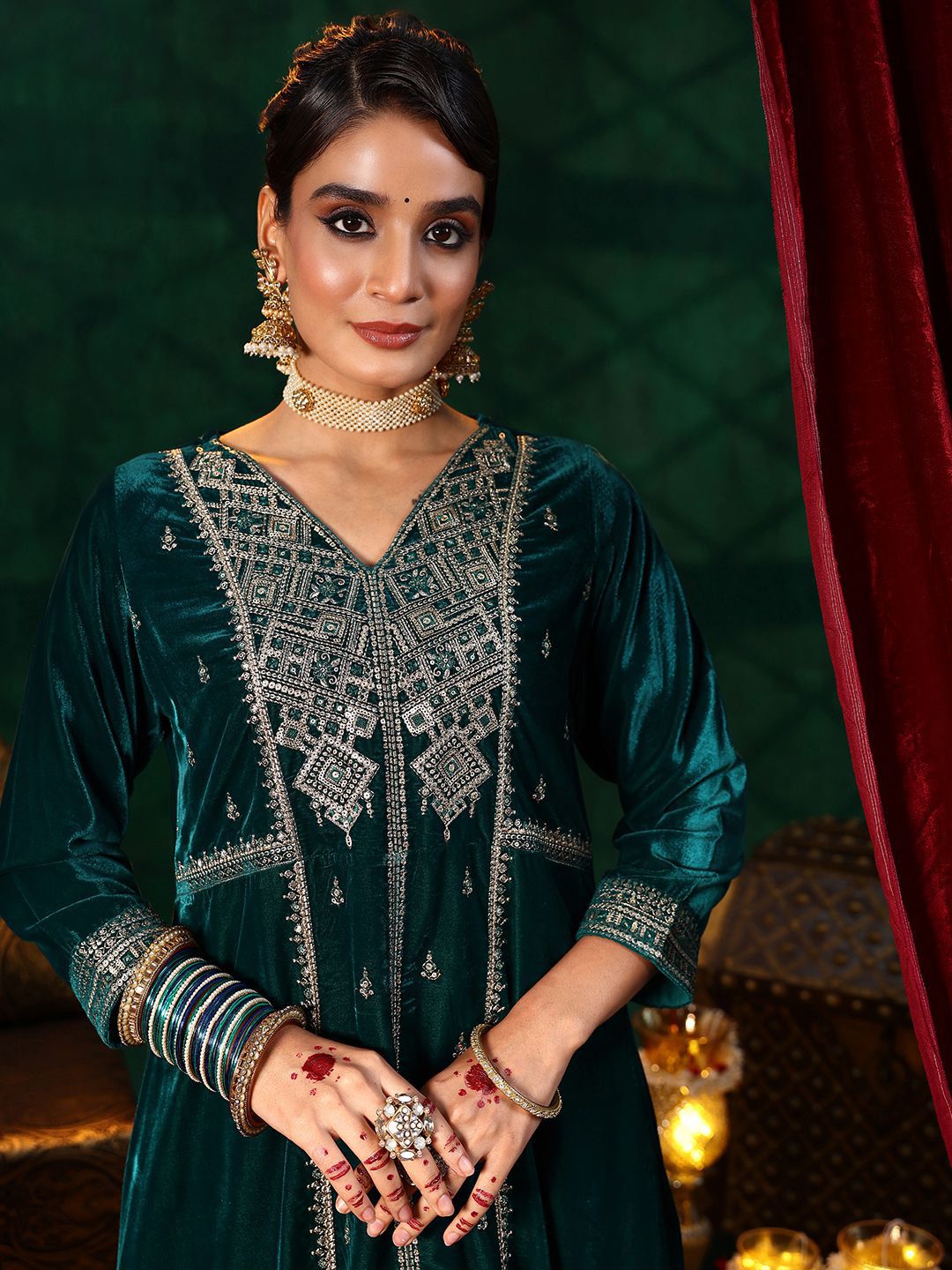 Libas Ethnic Motifs Embroidered Velvet A-Line Kurta With Trousers & Dupatta