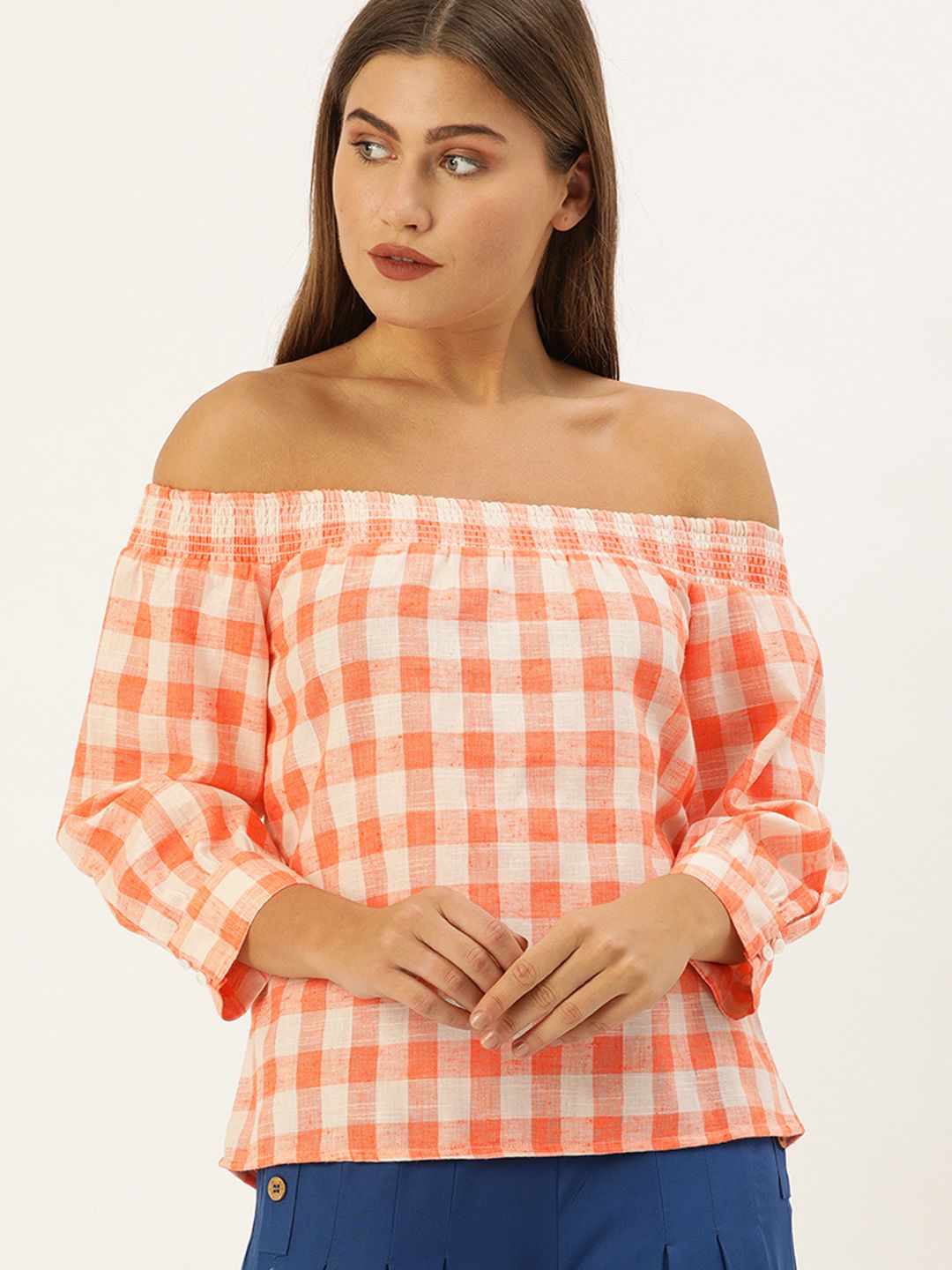 AND Coral Orange & Beige Checked Off-Shoulder Regular Top