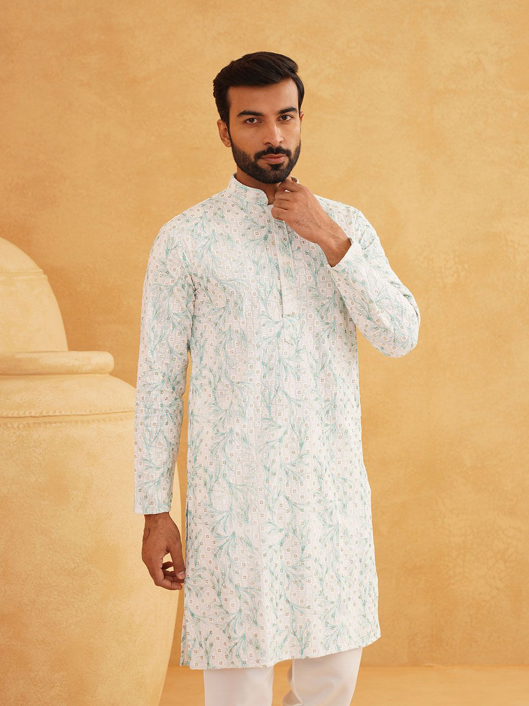SOJANYA Geometric Embroidered Mandarin Collar Sequined Pure Cotton Straight Kurta