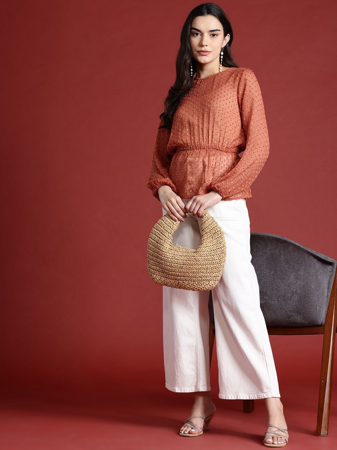 all about you Puff Sleeves Semi-Sheer Cinched Waist Top