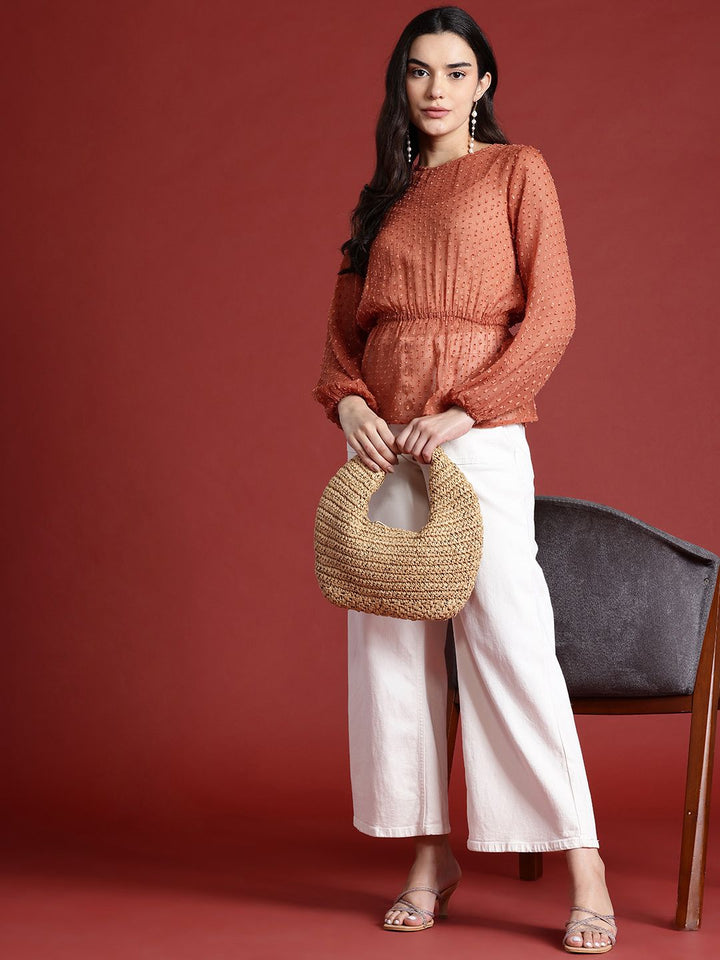 all about you Puff Sleeves Semi-Sheer Cinched Waist Top