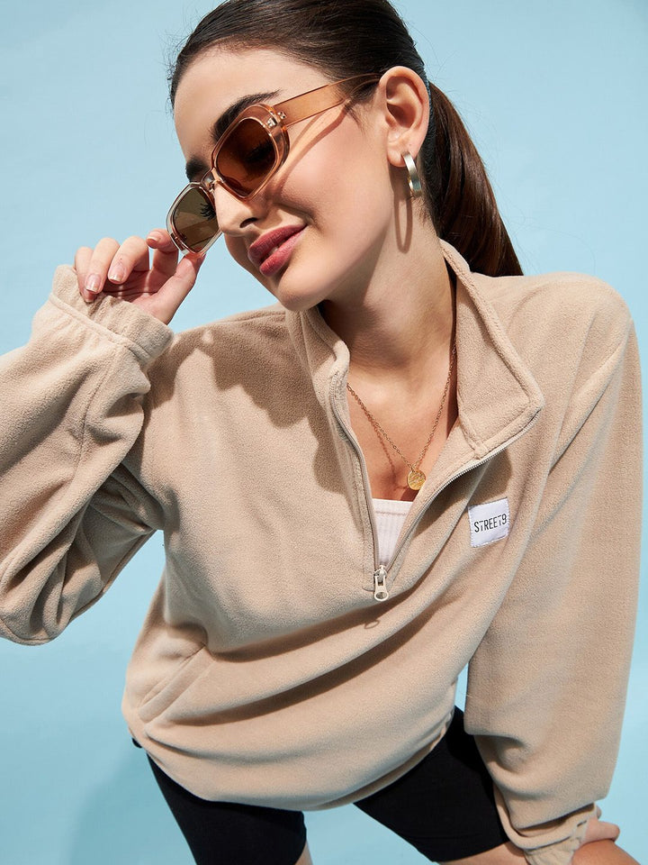 STREET 9 Beige Mock Collar Oversized Sweatshirt