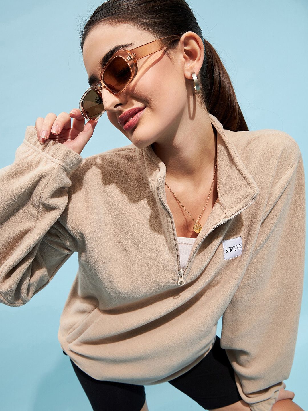 STREET 9 Beige Mock Collar Oversized Sweatshirt