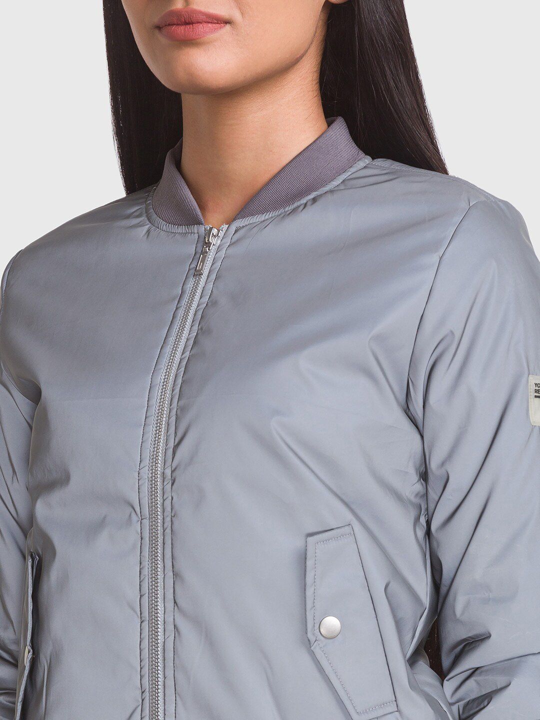 SPYKAR Women Silver-Toned Casual Bomber Jacket