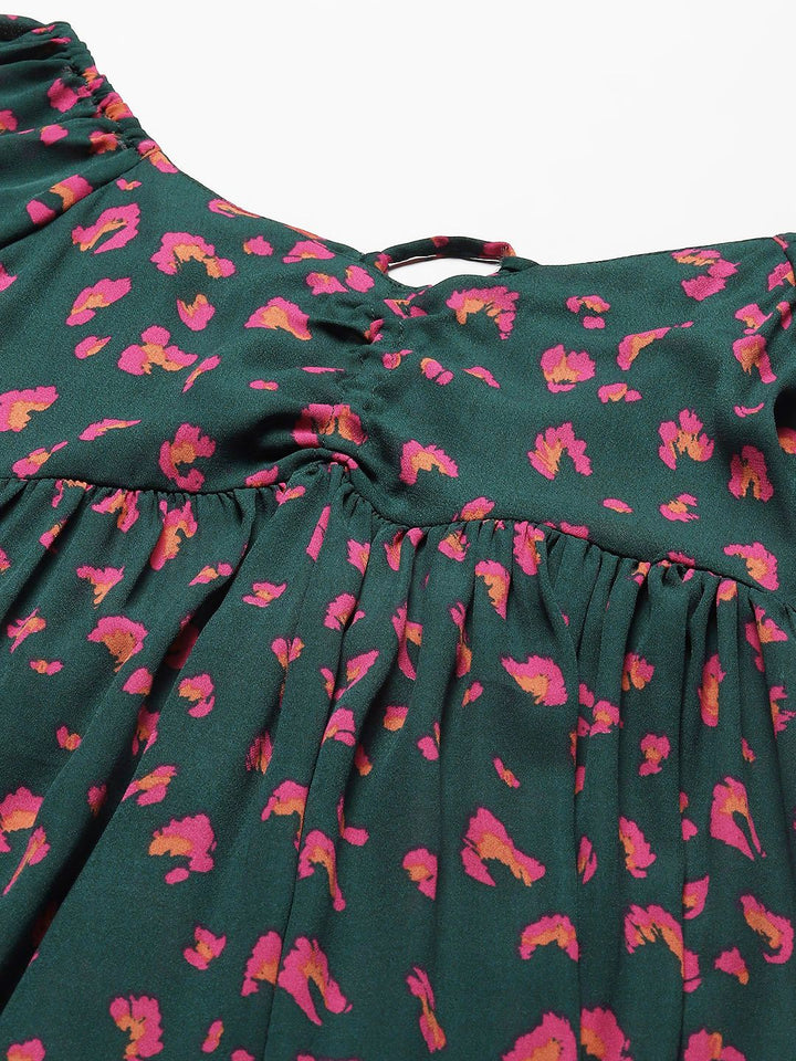 DENNISON Green Floral Off-Shoulder Crepe A-Line Dress