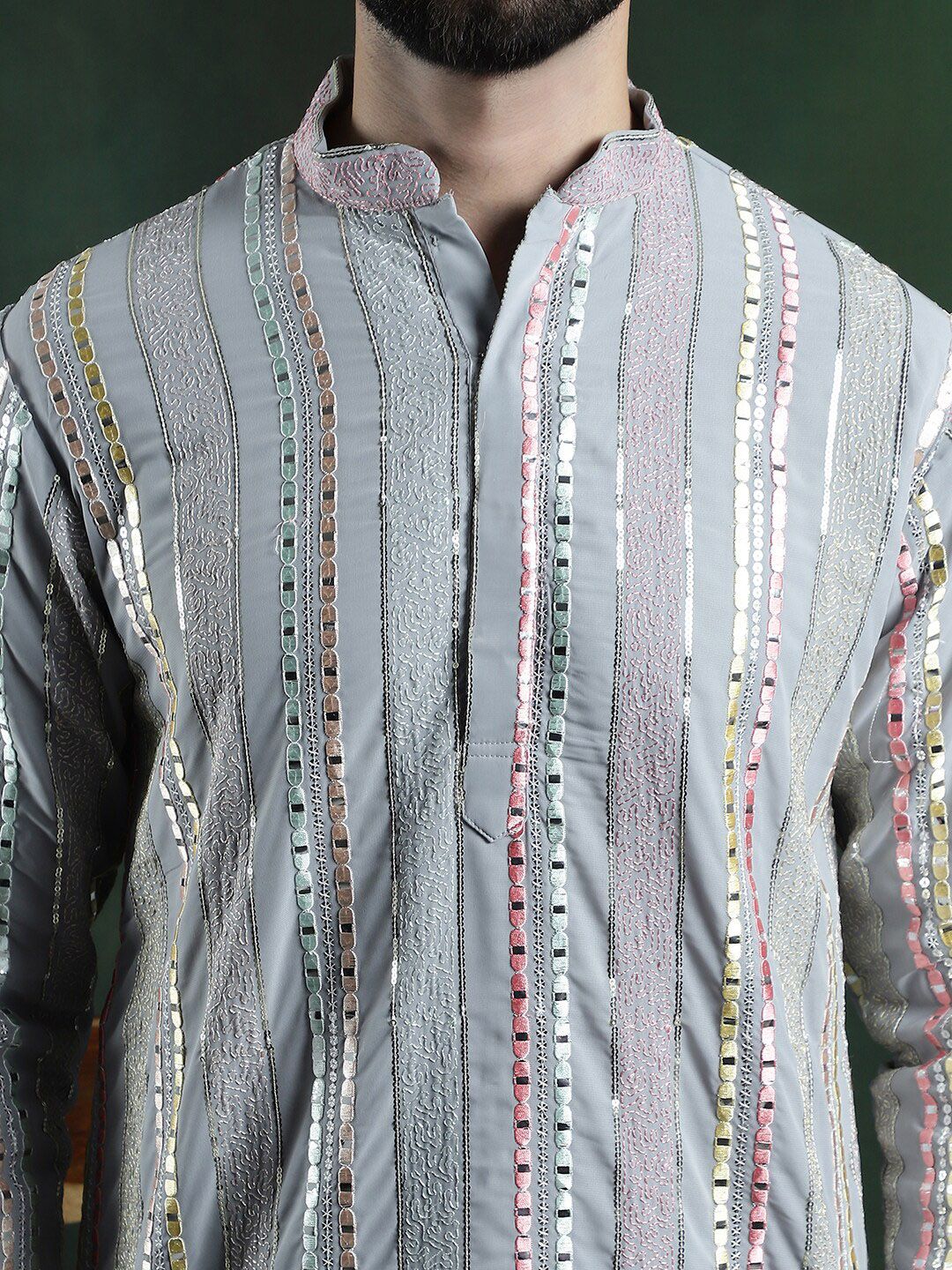 SOJANYA LUXE Striped Mandarin Collar sequinned mirror embroidered Georgette A-Line Kurta