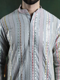 SOJANYA LUXE Striped Mandarin Collar sequinned mirror embroidered Georgette A-Line Kurta