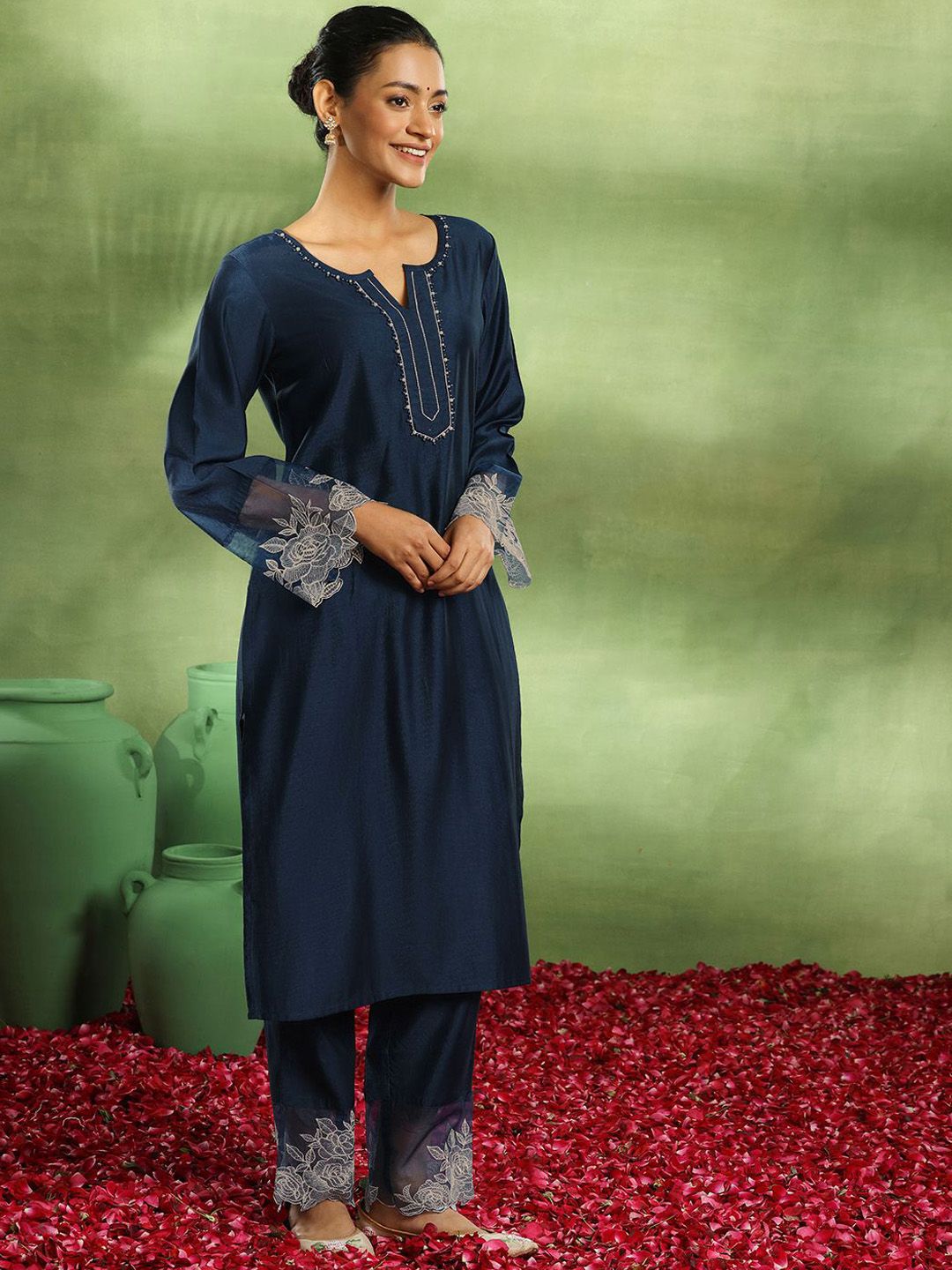 Libas Women Ethnic Motifs Yoke Design Regular Beads and Stones Kurta with Trousers & With Dupatta