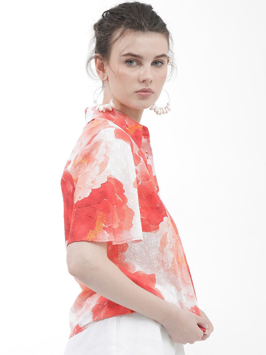 RAREISM Floral Printed Shirt Style Cotton Top