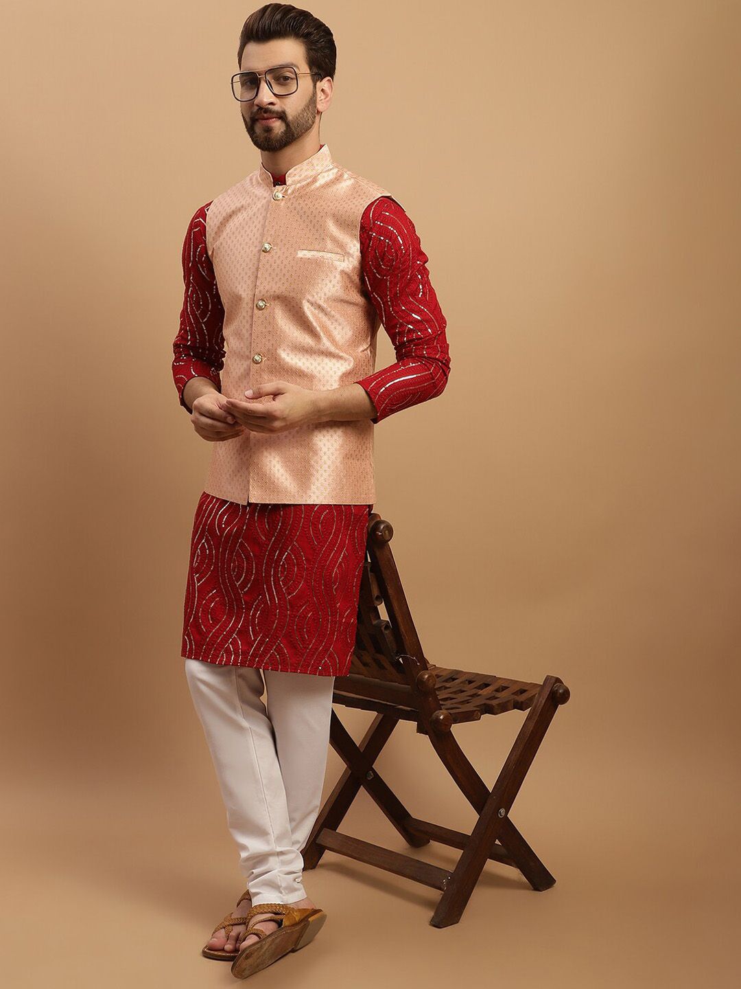 SOJANYA Embroidered Sequinned Pure Cotton Kurta with Churidar & Woven Design Nehru Jacket