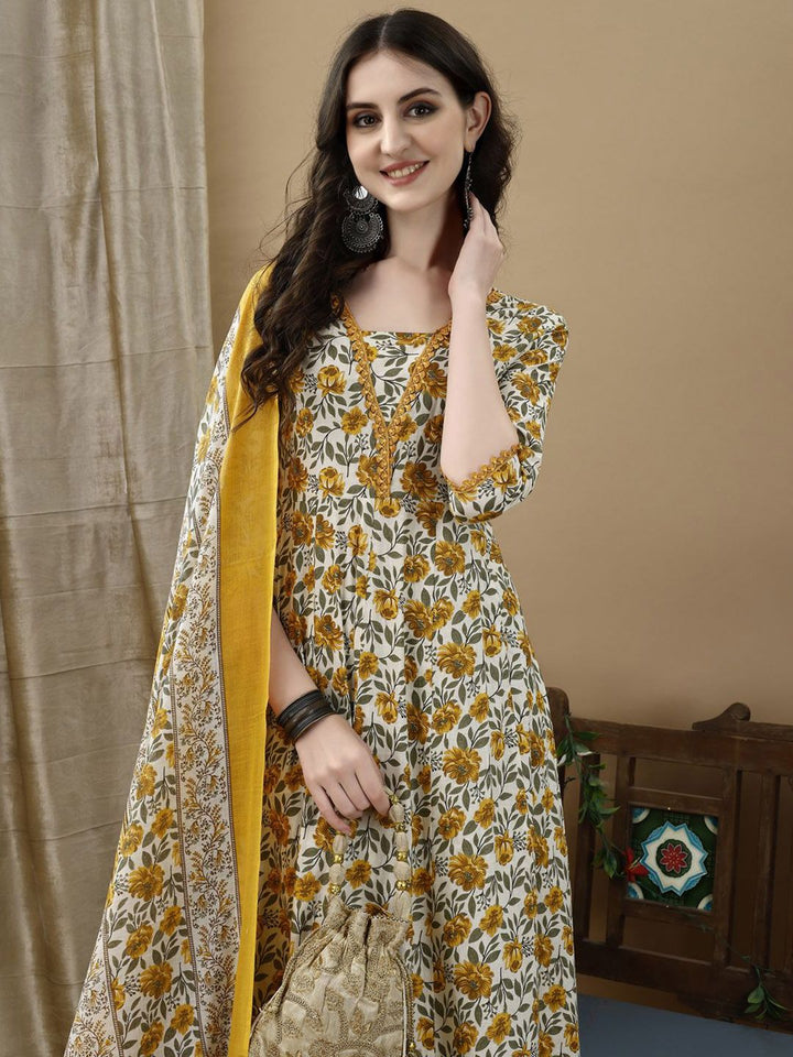 KALINI Floral Printed Pure Cotton Anarkali Kurta With Trousers & Dupatta