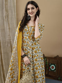 KALINI Floral Printed Pure Cotton Anarkali Kurta With Trousers & Dupatta