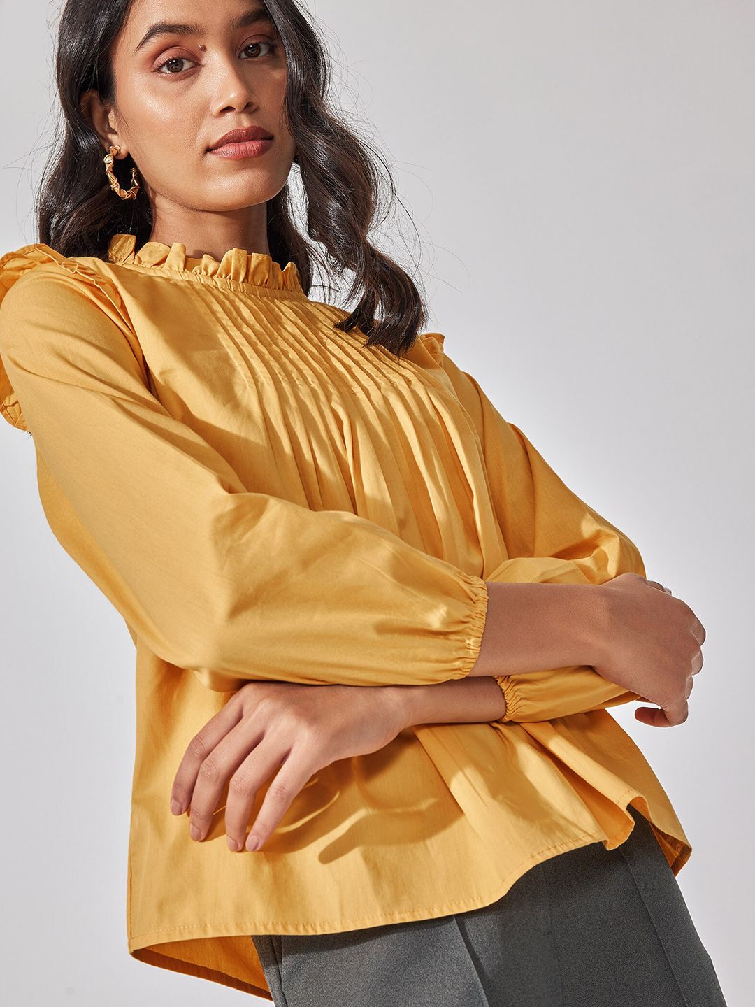 The Label Life High Neck Pintuck Ruffled Cotton Top