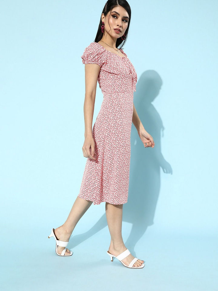 Berrylush Pink Ditsy Floral Print Tie-Up Neck A-Line Dress