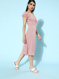 Berrylush Pink Ditsy Floral Print Tie-Up Neck A-Line Dress