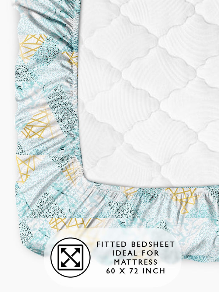 Story@home Aqua Blue 180 TC Abstract Queen Fitted Bedsheet With 2 Pillow Covers