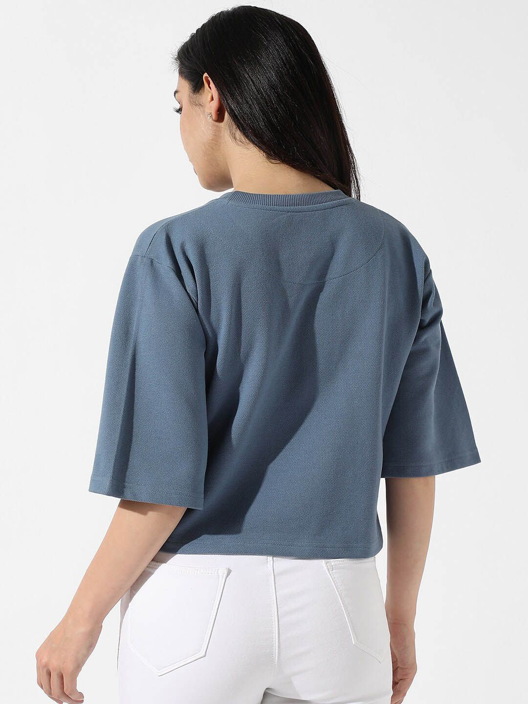 Campus Sutra Blue Typography Print Cotton Crop T-shirt