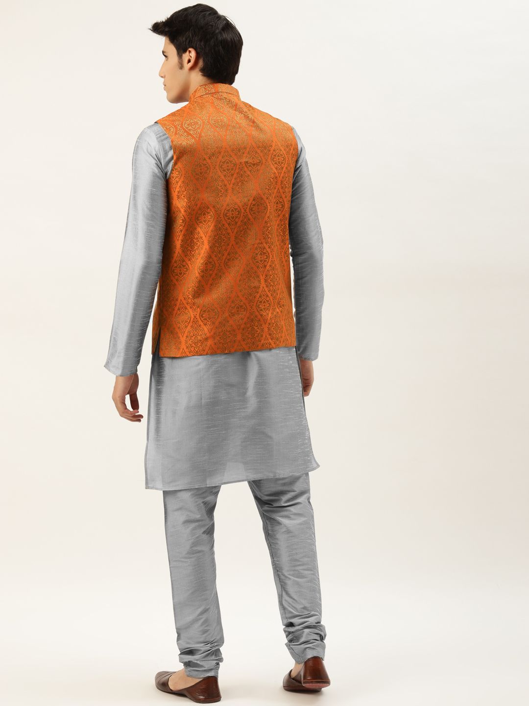 SOJANYA Men Grey Melange Solid Kurta Set With Printed Jacket