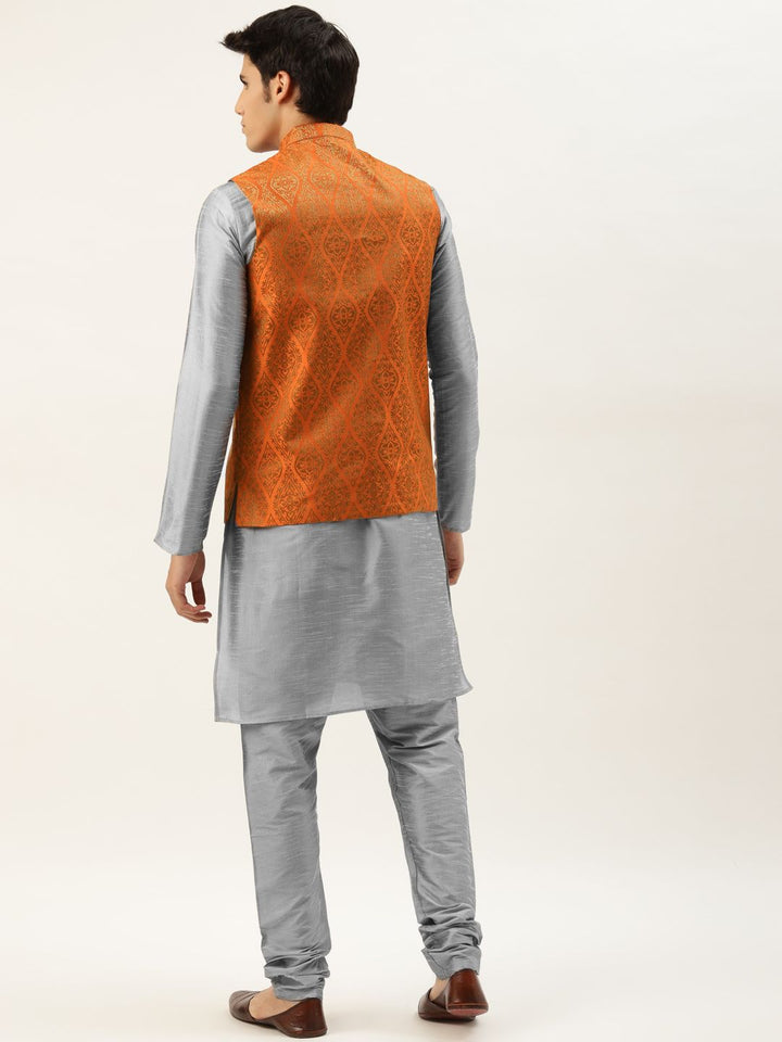 SOJANYA Men Grey Melange Solid Kurta Set With Printed Jacket