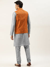 SOJANYA Men Grey Melange Solid Kurta Set With Printed Jacket