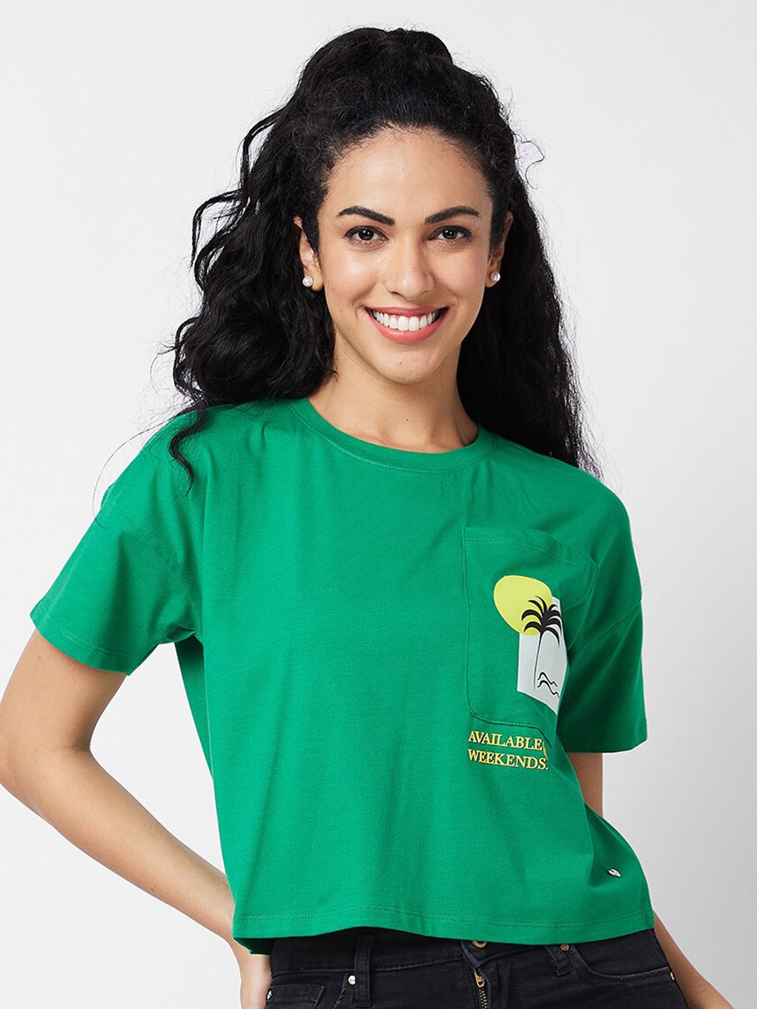 SPYKAR Graphic Printed Round Neck Half Sleeves Cotton Boxy T-shirt