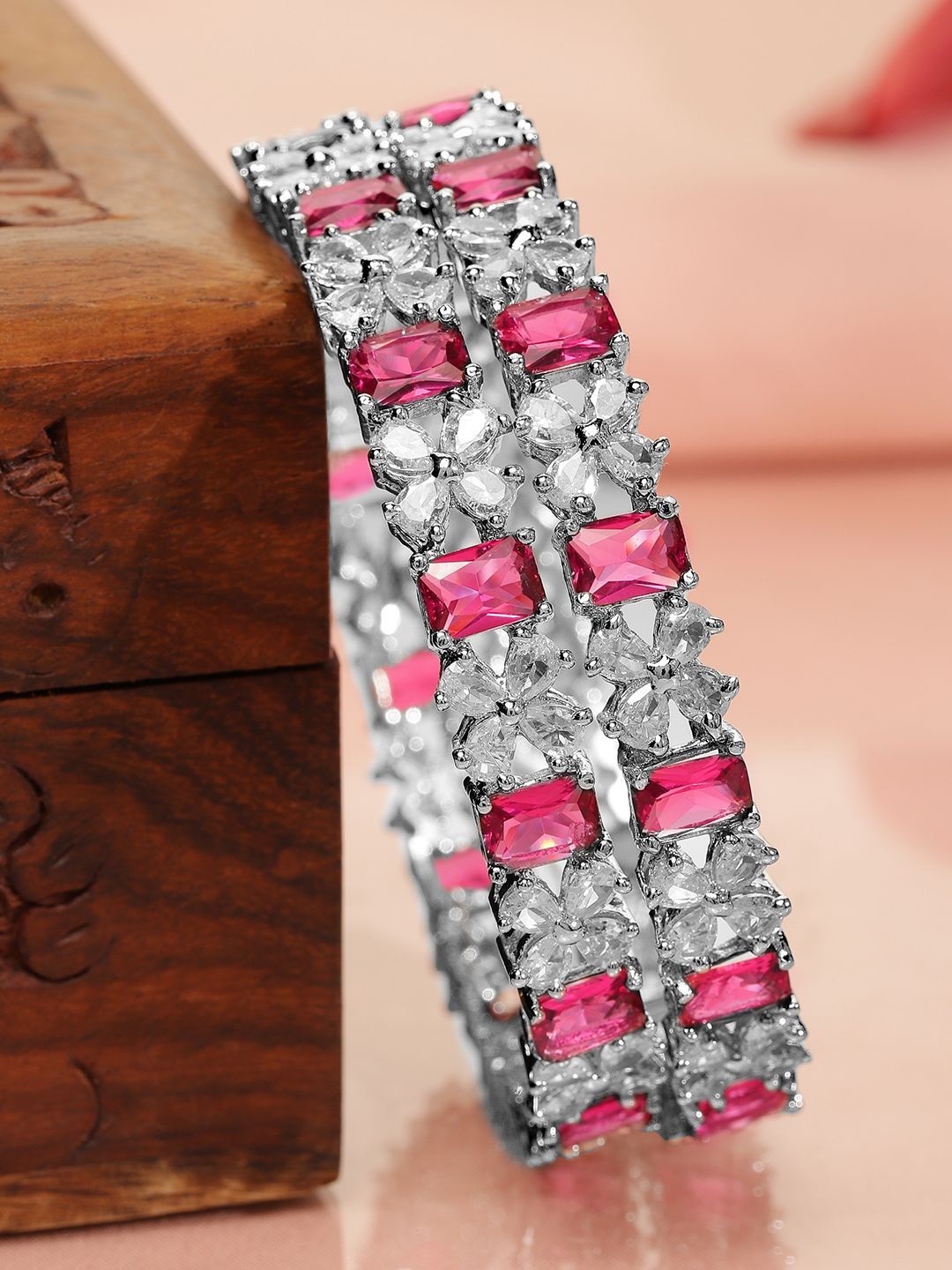 Rubans Set of 2 Rhodium-Plated Ruby Pink & White Cubic Zirconia Studded Bangles