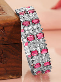 Rubans Set of 2 Rhodium-Plated Ruby Pink & White Cubic Zirconia Studded Bangles