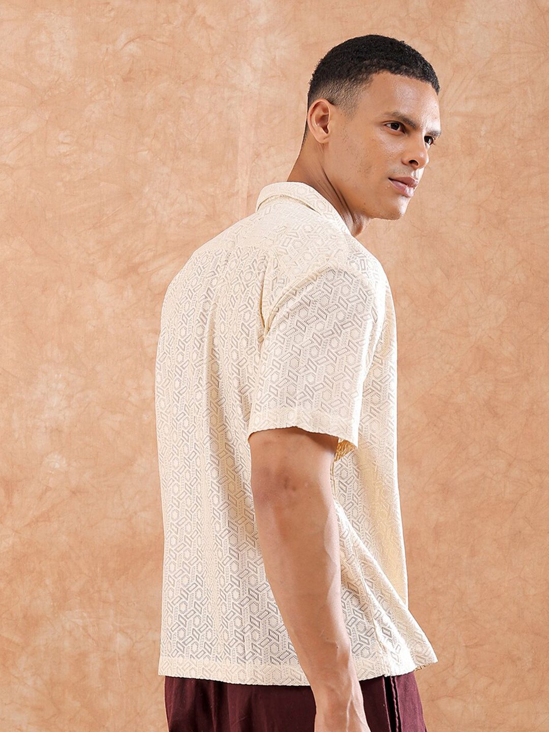 The Indian Garage Co Men Relaxed Fit Solid Warp Knit Lace Resortwear Shirt