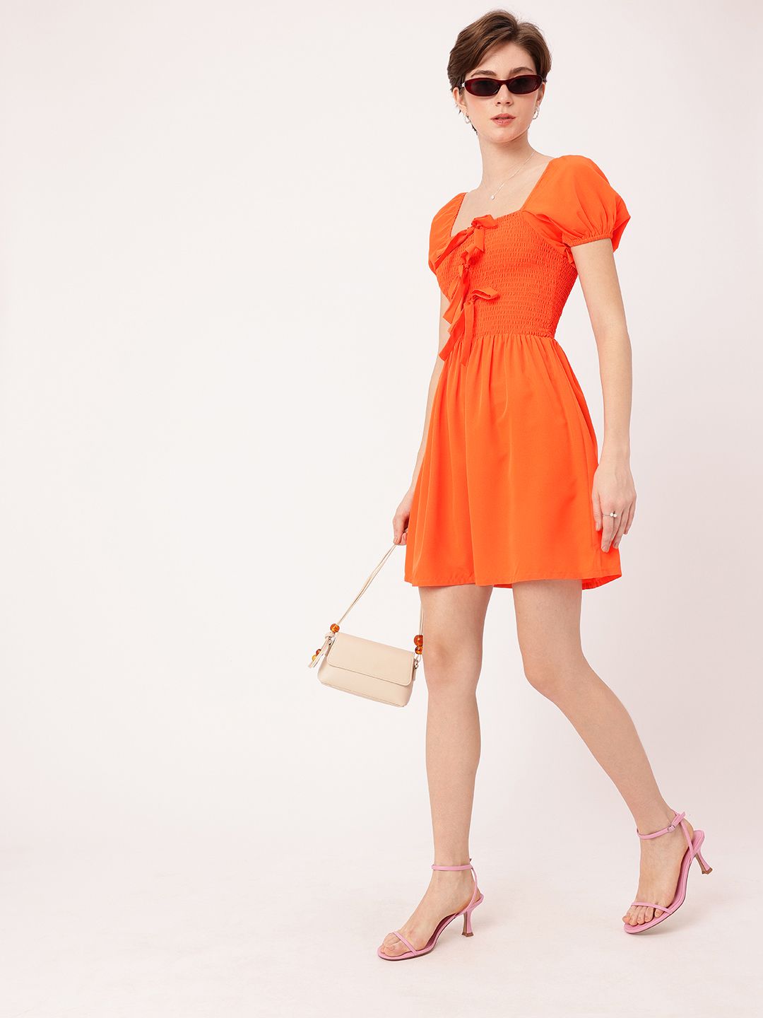 DressBerry Dreamy Drapes Smocked & Bow Detailed A-Line Mini Dress