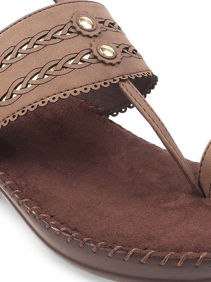 Metro Women Brown Embellished Open Toe Wedges with Laser Cuts