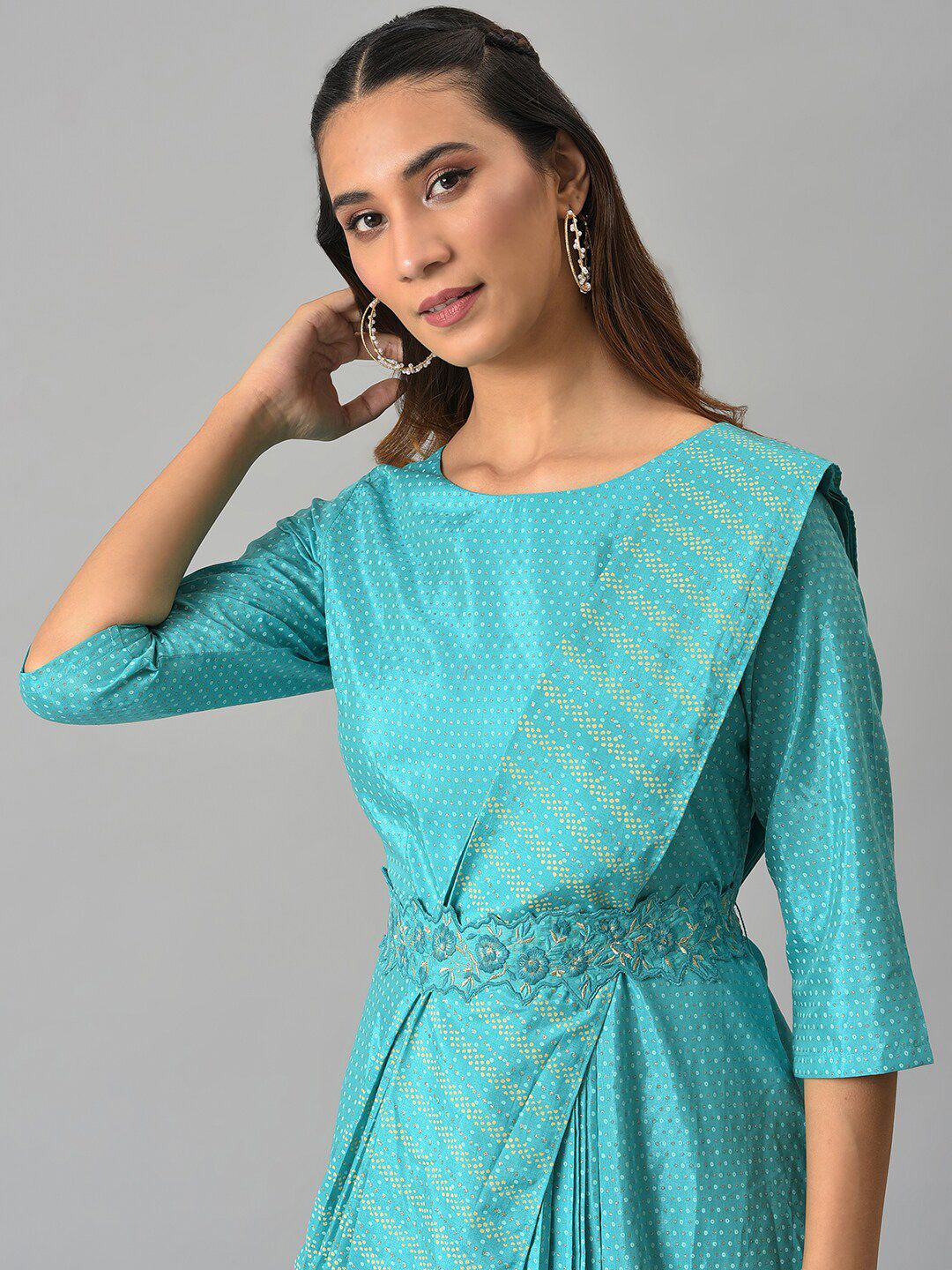 W Blue Printed Ethnic Maxi Dress with Belt